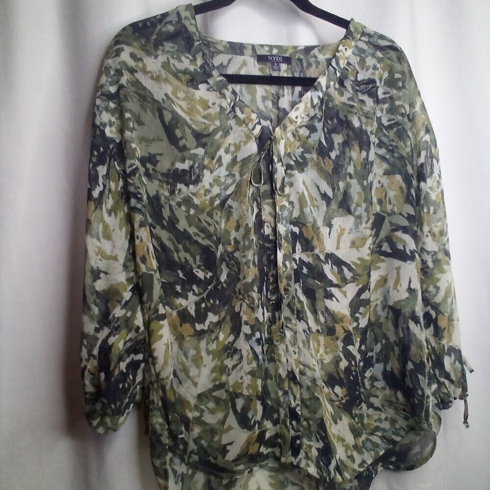 NYDJ Blouse S Women Sheer 3/4 Sleeve Pattern Green Black Brown
